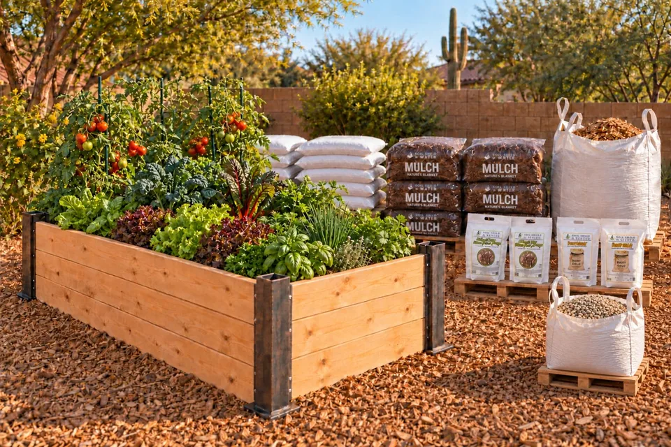 Illustration of the heavy-duty raised garden bed beside bags of growing materials, raw mulch and pea gravel totes